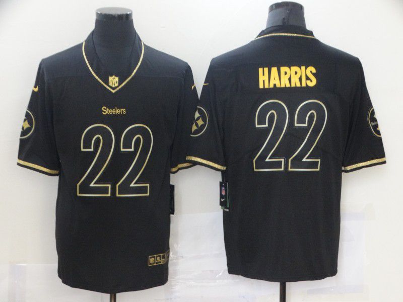 Men Pittsburgh Steelers #22 Harris Black Retro Gold Lettering 2021 Nike NFL Jersey